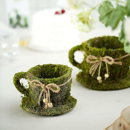 Efavormart Set of 2 | Preserved Moss Teacup Planter Box with Natural Braided Twine Bow - 5" & 4.5"