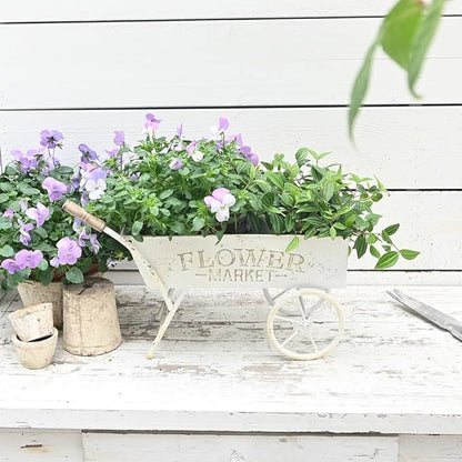 15 Inch Farmhouse Small Flower Cart with Wooden Handles Metal Wagon Planters for Outdoor Plants Decorative Wheelbarrow Plant Cart for Patio Garden Balcony Golden