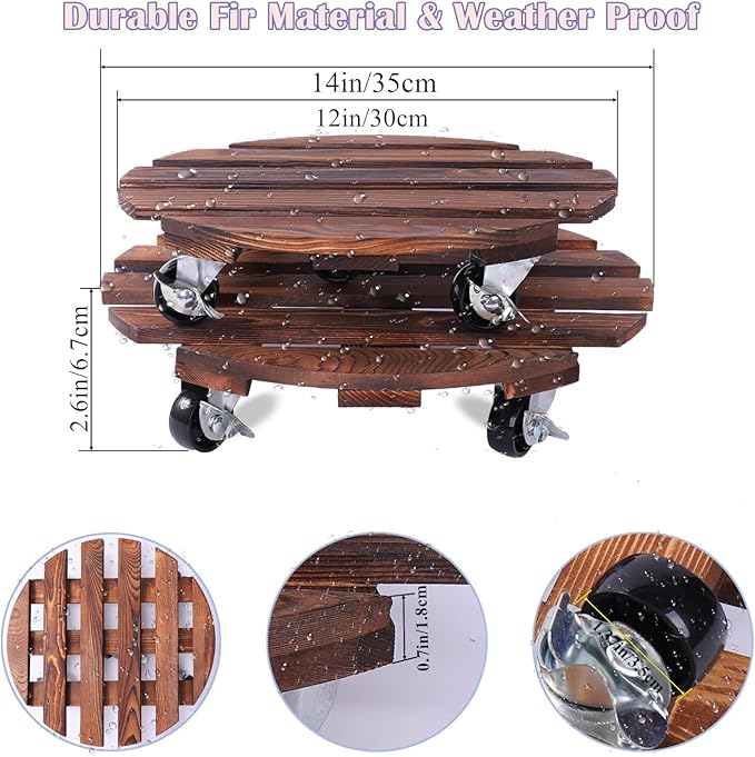 2 Pack Plant Caddy with 5 Wheels, 14" + 12" Rolling Plant Stand 220 LB Heavy Duty Wooden Round Plant Dolly with Metal 360° Lockable Caster Wheels for Outdoor Indoor Large Plant Pots, Flower Pot, Patio