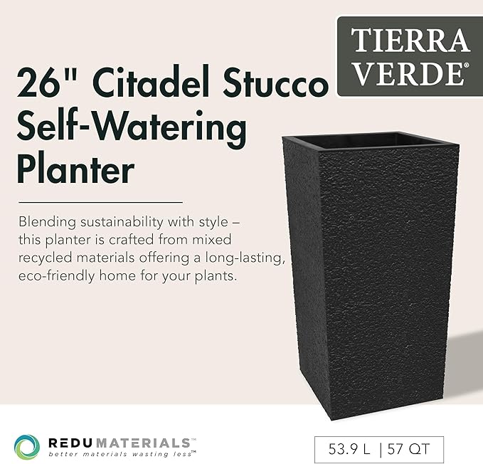 Tierra Verde Indoor & Outdoor Self-Watering Square Planter, Citadel Stucco, 13.5" x 26", Black - Planting Containers for Plants and Flowers - Gardening and Landscaping Accessories