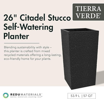 Tierra Verde Indoor & Outdoor Self-Watering Square Planter, Citadel Stucco, 13.5" x 26", Black - Planting Containers for Plants and Flowers - Gardening and Landscaping Accessories