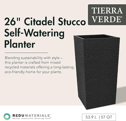 Tierra Verde Indoor & Outdoor Self-Watering Square Planter, Citadel Stucco, 13.5" x 26", Black - Planting Containers for Plants and Flowers - Gardening and Landscaping Accessories