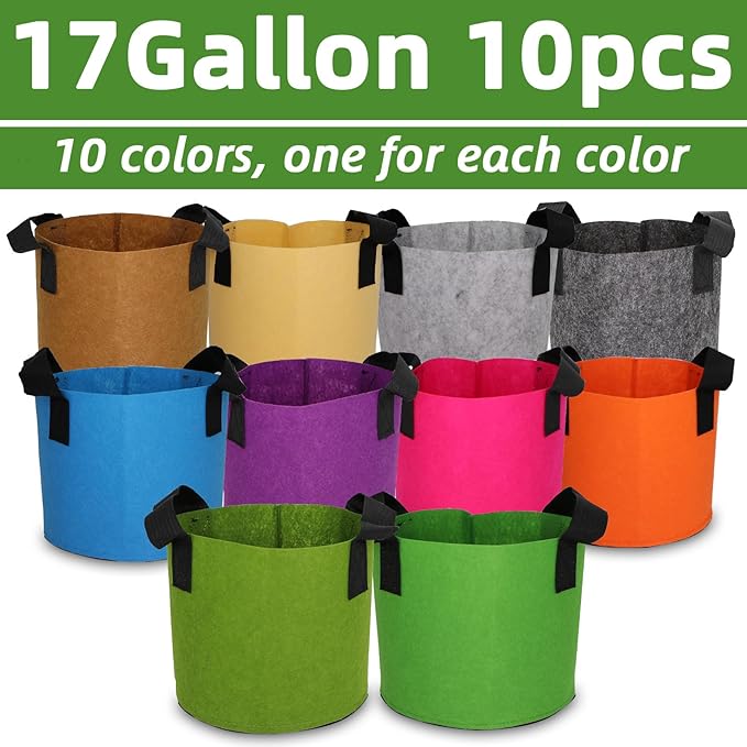 Grow Bags,Growing Pot Bags Garden Grow Bag Indoor Outdoor Fabric Aeration Plant Pot Container Flower Vegetable Pouch (Mixed 10colors,17Gallon)
