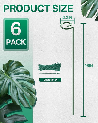 Breeze Touch 6 Pack Plant Stakes, 16 Inch Plant Support Stakes with 15 Twist Ties, Plant Sticks Support, Flower Stakes for Plants Peony, Tomato Seedling, Marigold, Amaryllis, Sapling, Coreopsis
