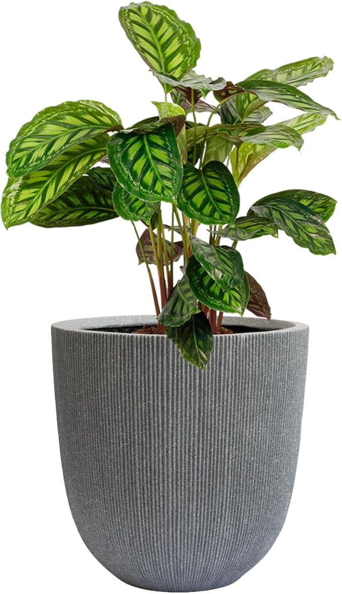 14.8" Tall Round Tapered Planter - Gray Faux Cement Finish, Lightweight Durable Plastic Plant Pot with Drainage Hole & Plug, Weather & UV Resistant Pot for Plants Indoor/Outdoor Use, 12.5" Opening