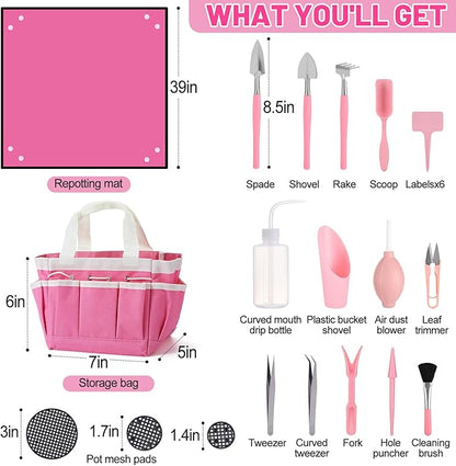 44pcs Small Gardening Tools Gifts for Women Beginners - Garden Hand Tools Set for Indoor Succulent Bonsai Plants Transplanting, Included Bag/Repotting Mat/Shovel/Labels, Pink