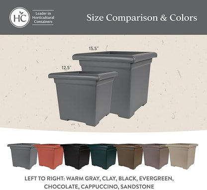 The HC Companies 12.5 Inch Accent Square Plant Pots with Drainage, Lightweight UV-Resistant Plastic Planters for Indoor & Outdoor Plants, 2-Pack Flower Pots for Garden, Office & Home Decor, Chocolate