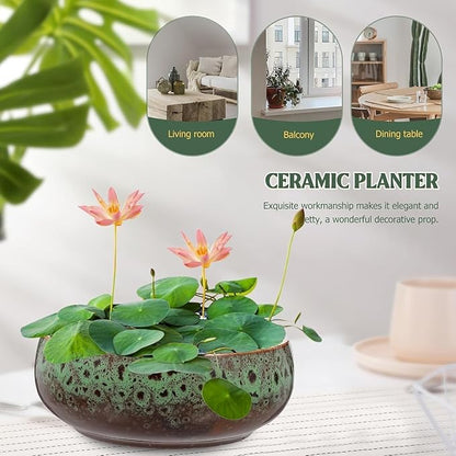 Lotus Bowl Planter, Lotus Bowls for Planting in Water Indoors, Ceramic Planters for Indoor Plants, Thickened Round Planter, for Succulent Plants Leak-Proof Design (Green)