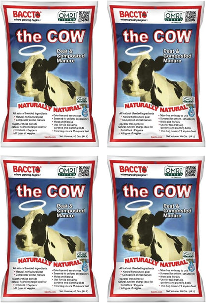 Michigan Peat Baccto 1640 Wholly Cow Horticultural Compost and Manure for Soil Amendment, Lawn Care, & Garden Beds, 40 Quart Bag (4 Pack)