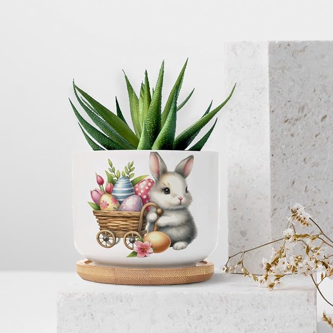 DreamAutumn Easter Bunny with Eggs Planter Ceramic Round Plant Pots with Drainage Holes and Bamboo Tray Planting Small Flower Pots for Home Windowsill Desk Garden Indoor Outdoor Use