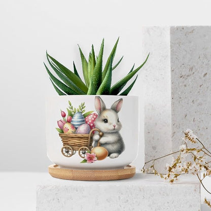 DreamAutumn Easter Bunny with Eggs Planter Ceramic Round Plant Pots with Drainage Holes and Bamboo Tray Planting Small Flower Pots for Home Windowsill Desk Garden Indoor Outdoor Use