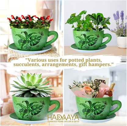 7.5" Ceramic Teacup Planter Pot with Saucer | Ideal for Succulents, Orchids, Herbs & Flowers, for St. Patrick's Day | Indoor & Outdoor Use Green - Palm Leaves