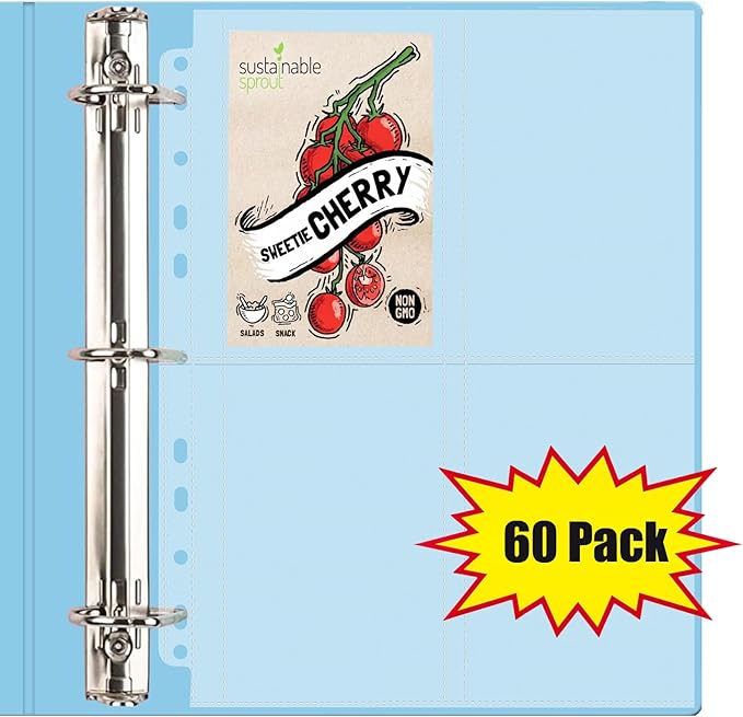 60 Pack 240 Pockets Seed Packet Sleeves, Garden Seed Storage Organizer Pages for 3 Ring Binder, Slot Size 3.5"x 5", Sleeves for Seed Protector Holder Container, Postcards Photos Cards