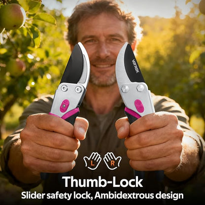 VOTREK® Pruning Shears, 8.5” Professional Garden Pruner with Jam-Proof Spring & Ever-Sharp SK5 Blade, Ergonomic Bypass Clippers for Rose, Tree, Heavy Duty Bonsai Scissor for Weak Hand