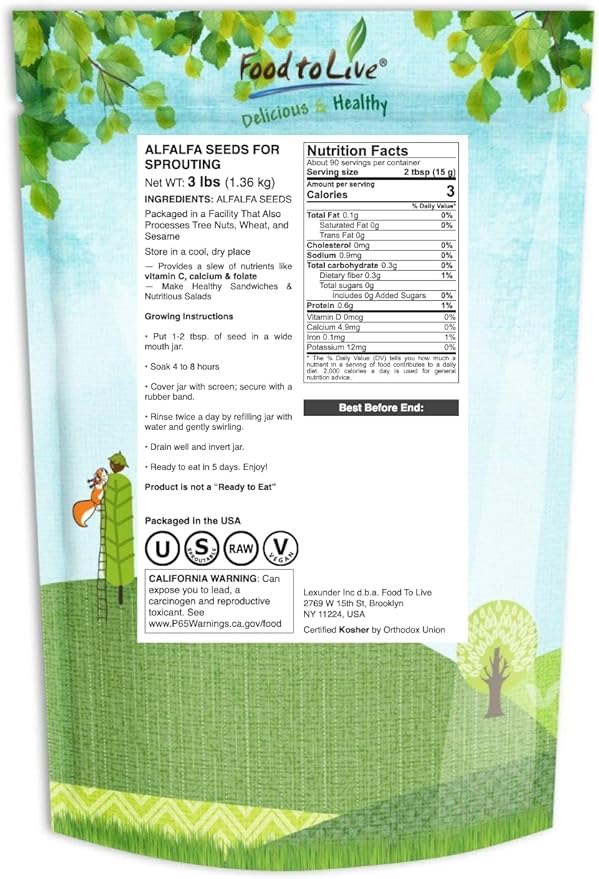 Food to Live Alfalfa Seeds for Sprouting, 3 Pounds – Edible Seeds, Pure, Vegan, Kosher, Bulk. Rich in Vitamin K & C. High Germitation Rate. Grow Sprouts, and Microgreens for Salad, Sandwiches, Rolls.