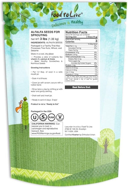 Food to Live Alfalfa Seeds for Sprouting, 3 Pounds – Edible Seeds, Pure, Vegan, Kosher, Bulk. Rich in Vitamin K & C. High Germitation Rate. Grow Sprouts, and Microgreens for Salad, Sandwiches, Rolls.