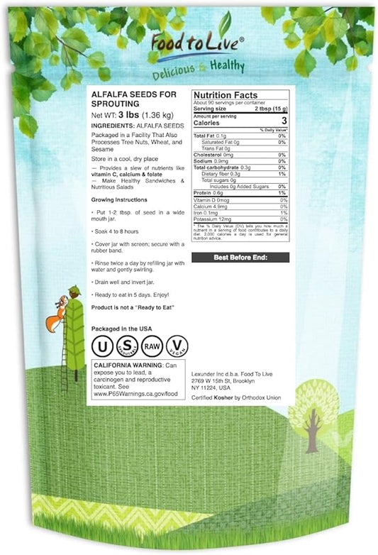 Food to Live Alfalfa Seeds for Sprouting, 3 Pounds – Edible Seeds, Pure, Vegan, Kosher, Bulk. Rich in Vitamin K & C. High Germitation Rate. Grow Sprouts, and Microgreens for Salad, Sandwiches, Rolls.