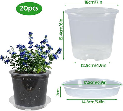 20 Pack 7 Inch Nursery Pots with Drainage and 20 Pack Plant Saucers, Plant Pots for Plants Transparent Flower Potting Containers for Plants Clear Seeding Starter Pot (Clear, 7 Inch)