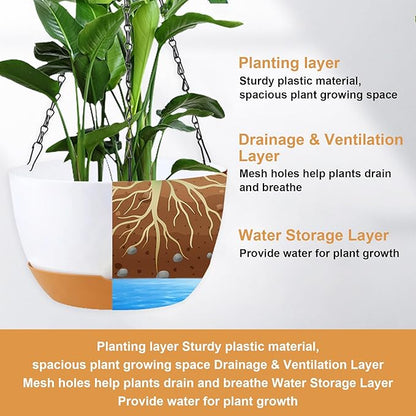 8/10/12 inch Hanging Planters for Indoor Outdoor Plants with Self-Watering Pots, 3 Pack Plastic Hanging Basket with Removable Tray for Home Garden Porch Balcony Patio Decor(White)