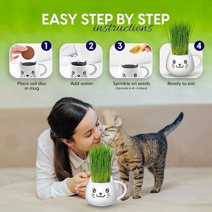 Organic Cat Grass Growing Kit - Promotes Natural Hairball Control and Digestive Wellness - Includes Organic Seed Mix, Nutrient-Rich Soil, and Stylish White Cat Planter