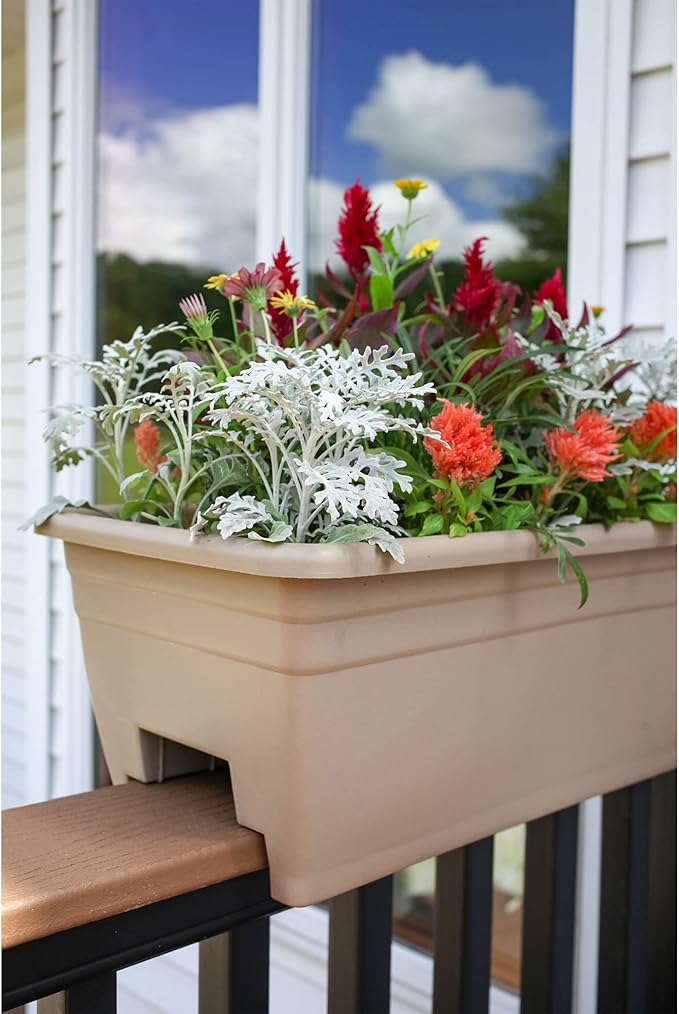 The HC Companies 24 Inch Wide Heavy Duty Plastic Deck Rail Mounted Garden Flower Planter Boxes with Removable Drainage Plugs, 2 Pack, White