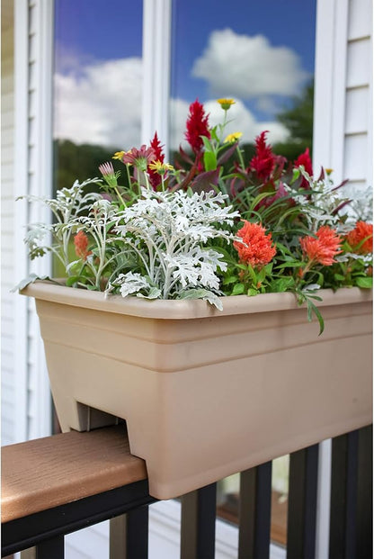 The HC Companies 24 Inch Wide Heavy Duty Plastic Deck Rail Mounted Garden Flower Planter Boxes with Removable Drainage Plugs, 2 Pack, White