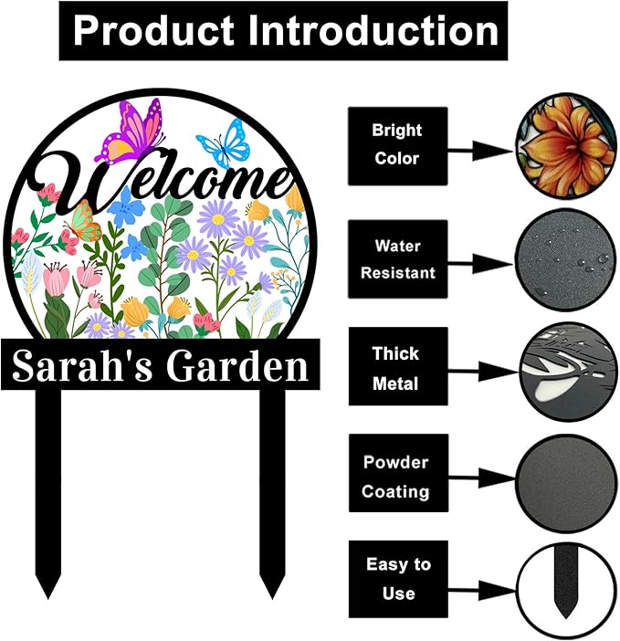 Personalized Multicolored Flowers Garden Sign with Stakes, Custom Metal Colorful Butterfly Flower Garden Stake Welcome Sign, Customized Text Outdoor Decor Yard Signs Plaque for Gardener Mom