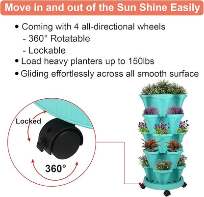 GameXcel Vertical Planter 5 Tier Stackable Planters Garden Planters Strawberry Herb Flower and Vegetable Planter Indoor Outdoor Gardening Pots with Removable Wheels and Tools