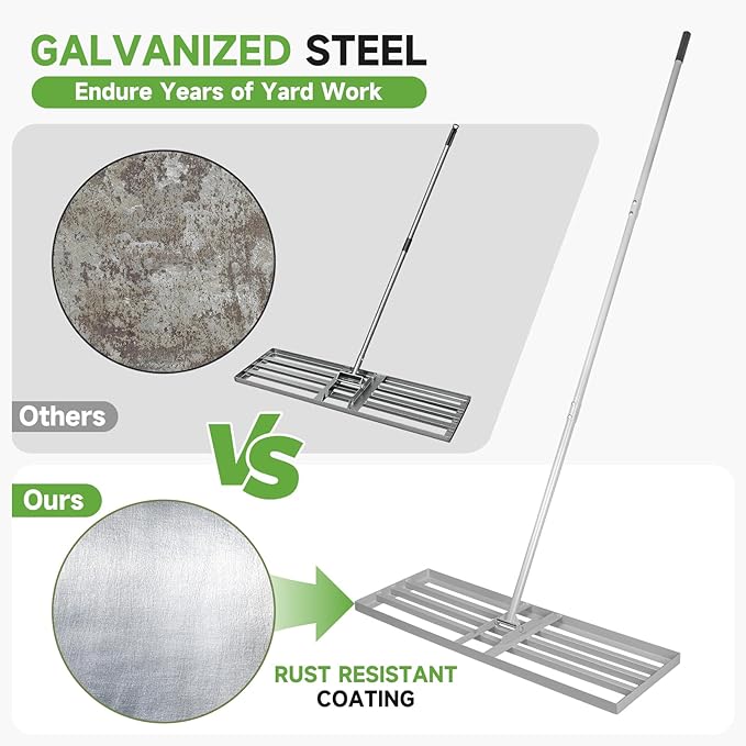 Lawn Leveling Rake – Heavy-Duty Galvanized Steel Yard Leveling Rake with Adjustable 36x12 Inch Rack Head & Extendable 52-78 Inch Handle, Rust-Resistant, All-Welded, Gloves Included