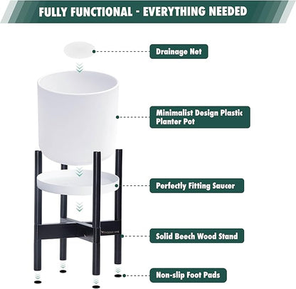 D'vine Dev Planter Pot with Stand - 16 Inch Plastic Cylinder Flower Pot with Wood Planter Holder for Indoor, Matte White Pot + Ebony Stand, 55-C-Z-1