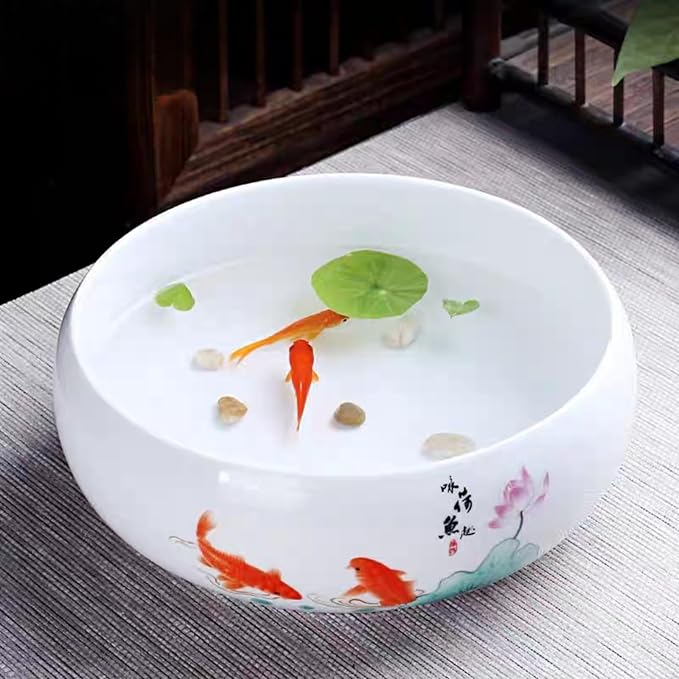 Lotus Bowl Planter, Ceramic Water Lily Bowl, Hydroponic Bonsai Lotus Bowls for Water Plants Indoor, Succulent Pots, Leak-Proof Design, Ode to Lotus and Fish Delight (7.68in*3.15in)