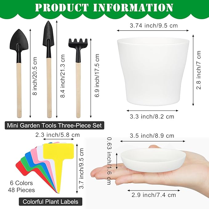 48 Pack Plastic Planters 4 Inch Flower Plant Pots Indoor Set Thickened Seedling Nursery Pots Seed Starting Pots with Drainage Holes Saucers, Mini Garden Tools for Home Office Garden, White