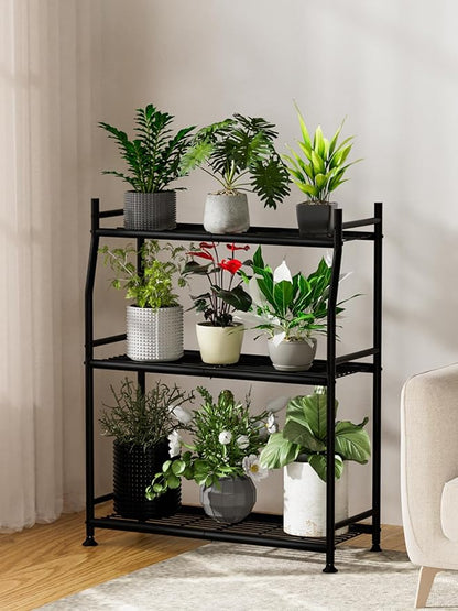 3-Tier Plant Stand Indoor Outdoor, Waterproof Metal Plant Shelf for Multiple Flower Planter Holder, Small Plant Stands for Patio Garden Living Room, Black