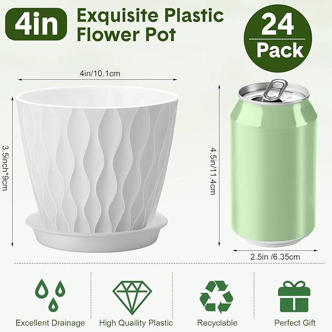 24 Pack 4 Inch Plant Pots Bulk Small Pots for Succulents Waffle Texture Plastic Planter with Drainage Holes and Saucers for Indoor Outdoor Plants Flowers, Seedlings (White)