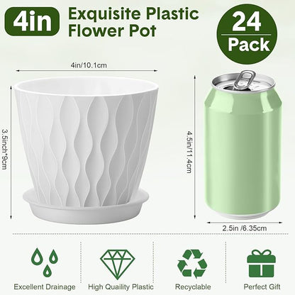 24 Pack 4 Inch Plant Pots Bulk Small Pots for Succulents Waffle Texture Plastic Planter with Drainage Holes and Saucers for Indoor Outdoor Plants Flowers, Seedlings (White)