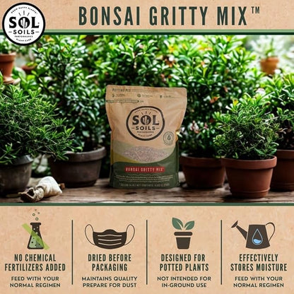 Sol Soils Gritty Bonsai Soil Potting Mix - Fast Draining and Peat Moss Free with Pine Bark, Granite, Pumice, & Calcined Clay for Indoor and Outdoor Plants - 2 Quarts