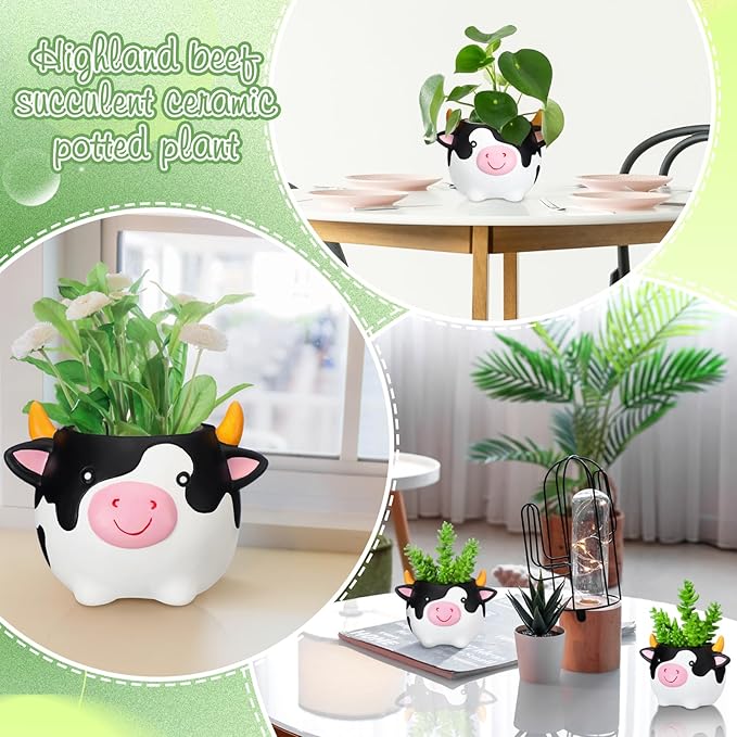 Sieral 2 Pcs Lovely Cow Succulent Pots with Drainage Cute Animal Plaster Planter Pots Plants Holder Cow Shaped Cactus Flower Container for Home Display and Office Desk Decoration