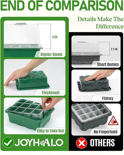 joyhalo 10 Packs Seed Starter Tray with Extra-Tall Humidity Dome 120 Cells Total, Thicken Seed Starter Kit, Greenhouse Germination Kit, Indoor Gardening Plant Trays for Seeds Growing