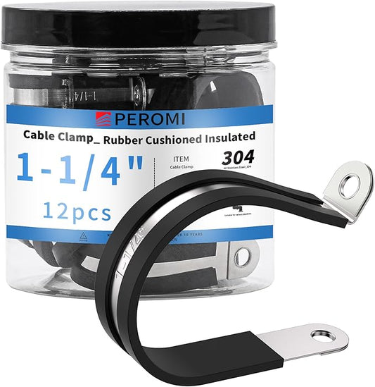 12PCS 1-1/4" Double Cable Clamps with updated Riveted Reinforce, 304 Stainless Steel Rubber Cushioned Insulated Clamp, Loop Pipe Metal Wire Clamps