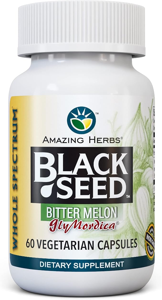 Amazing Herbs Black Seed with GlyMordica Bitter Melon - Premium Nigella Sativa and Momordica Charantia, Non-GMO & No Preservatives, Promotes Health & Wellness - 60 Count