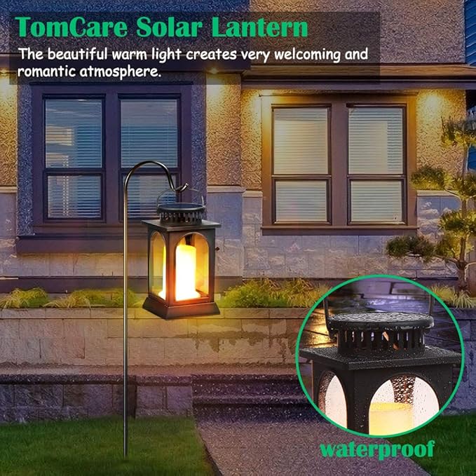 TomCare Solar Lights Flickering Flame Upgraded Metal Solar Lantern Outdoor Hanging Decorative Lanterns Heavy Duty Solar Powered Waterproof Outdoor Lighting for Patio Garden Deck Yard, 2 Pack (Black)
