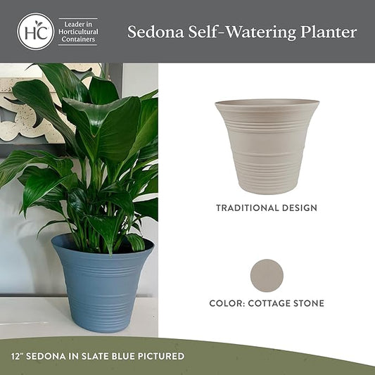 The HC Companies 19 Inch Sedona Round Self Watering Planter Pots, Lightweight UV-Resistant Plastic Indoor & Outdoor Planters, 2-Pack Flower Pots for Garden & Home Decor, Cottage Stone