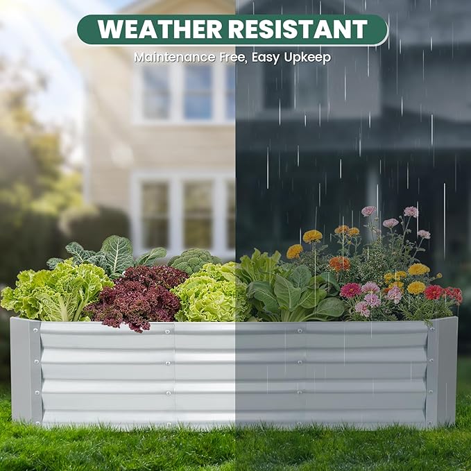 G GOOD GAIN 4x2x1ft Raised Garden Bed – Galvanized Metal Planter Box for Vegetables, Flowers, Herbs, Fruits – Outdoor Garden Beds with Open Bottom, Sliver