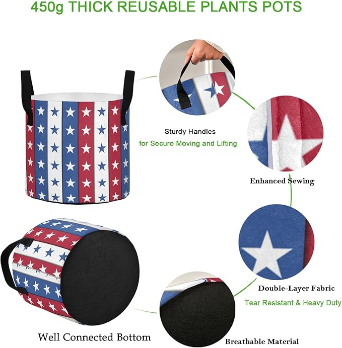 7 Gallon 4th of July Independence Day Stars Stripes Breathable Grow Bag Heavy Duty Thickened Plant Pots Containers with Handles for Tomato Potato Fruits Vegetables Flowers