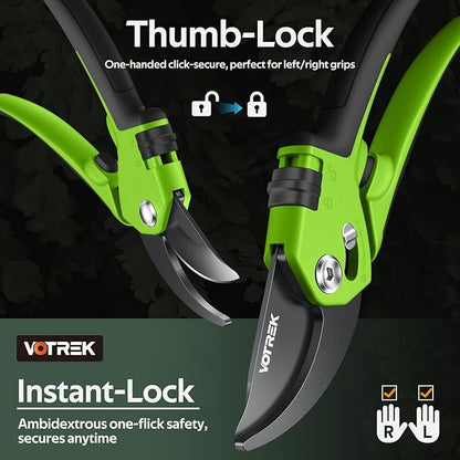 VOTREK® Pruning Shears for Gardening, [Patented Stepless Handle Opening] - Garden Clippers with Ultra-Sharp SK5 Steel for Weak Hand, Universal Fit for All Hand Sizes, Effortlessly Cuts 1-Inch Branches
