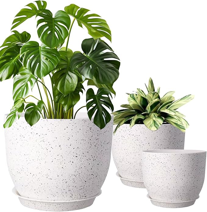 10/9/8 inch Plant Pots, 3 Pack Plastic Flower Pots Modern Flower Pots with Drainage Holes and Trays are for Indoor and Outdoor Plants, Herbs and Flowers,White Speckles
