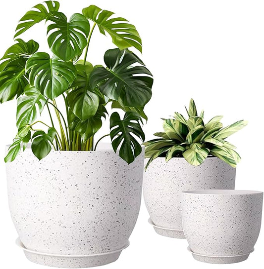 10/9/8 inch Plant Pots, 3 Pack Plastic Flower Pots Modern Flower Pots with Drainage Holes and Trays are for Indoor and Outdoor Plants, Herbs and Flowers,White Speckles