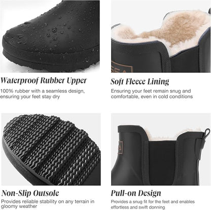 HISEA Women's Plush Rain Boots Waterproof, Chelsea Rubber Booties Women, Ladies Ankle Snow Boots for Winter Spring Garden Outdoor