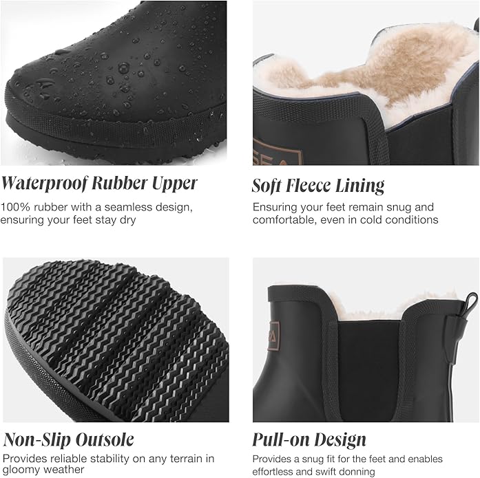 HISEA Women's Plush Rain Boots Waterproof, Chelsea Rubber Booties Women, Ladies Ankle Snow Boots for Winter Spring Garden Outdoor