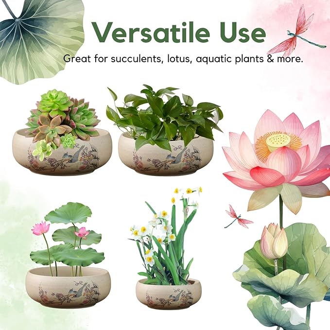 Lotus Bowl Planter, Ceramic Water Lily Bowl, Hydroponic Bonsai Lotus Bowls for Water Plants Indoor, Succulent Pots, Leak-Proof Design, Chirping Birds and Blooming Flowers (7.56in*2.76in)